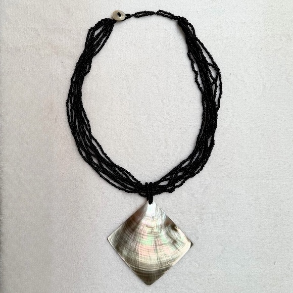 Handmade Jewelry - Mother-of-Pearl Square Pendant Multi-Strand Hand Crafted 18” Statement Necklace